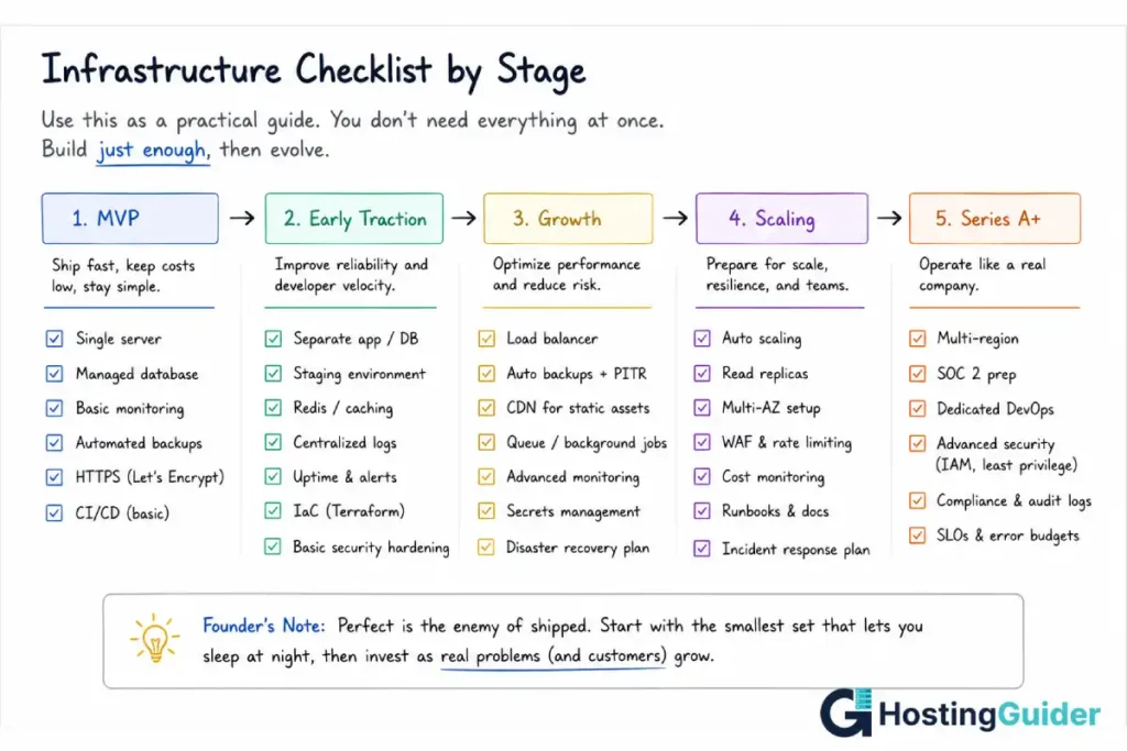 Cloud hosting for SaaS startups checklist showing infrastructure priorities and hosting decisions across MVP, Early Traction, Growth, Scaling, and Series A+ stages.