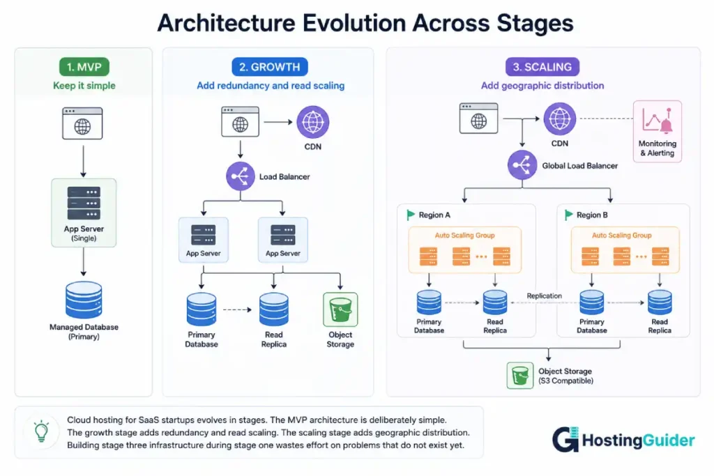 Three-stage SaaS cloud architecture diagram showing MVP, Growth, and Scaling stages with servers, databases, load balancers, CDN, object storage, and multi-region infrastructure.