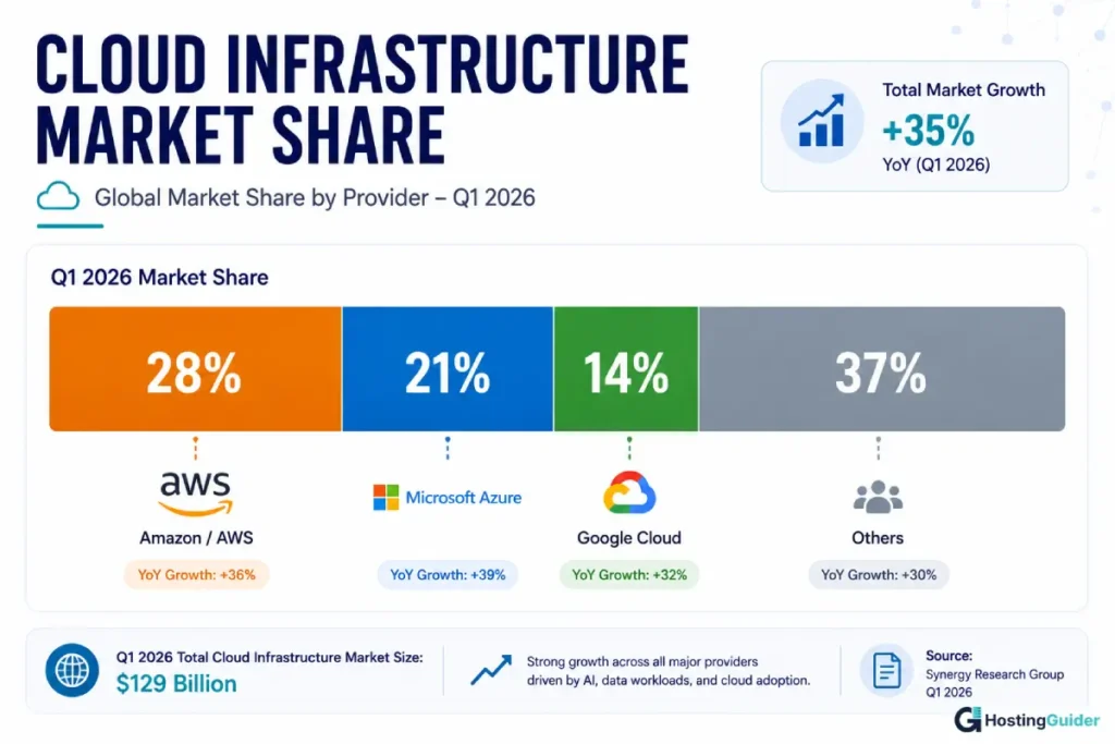 Cloud infrastructure market share Q1 2026: AWS 28%, Azure 21%, Google Cloud 14%
