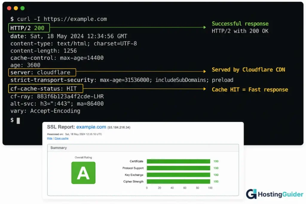 Testing CDN cloud hosting configuration with curl showing Cloudflare cache hit and successful HTTPS.