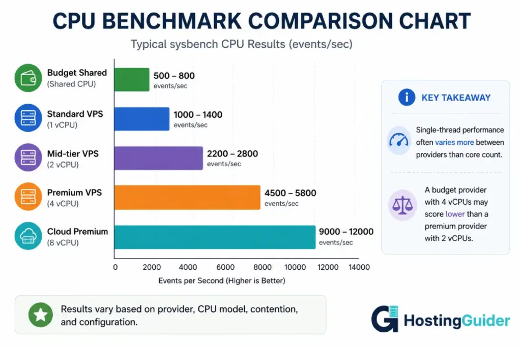 CPU benchmark comparison chart showing sysbench performance across VPS tiers