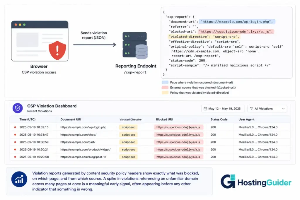 CSP violation report showing a blocked script attempt.