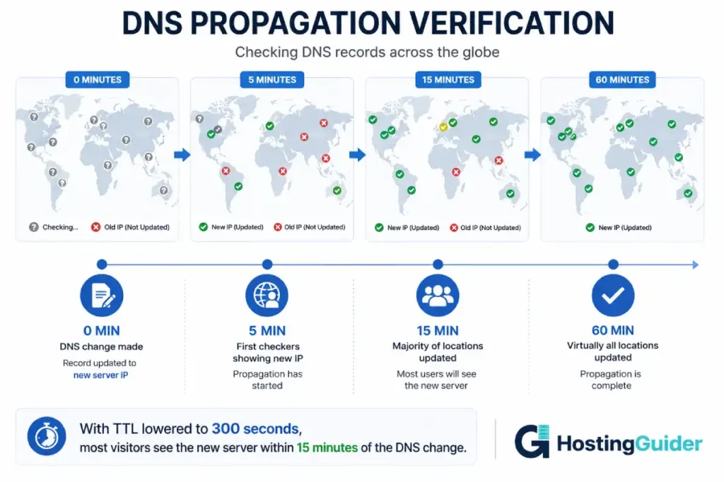 DNS propagation verification infographic showing global DNS update timeline