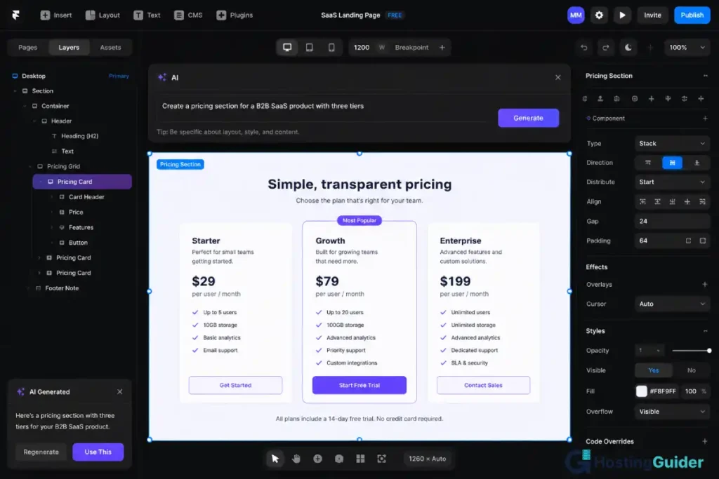 Framer AI layout generation creating a pricing section from a text prompt.