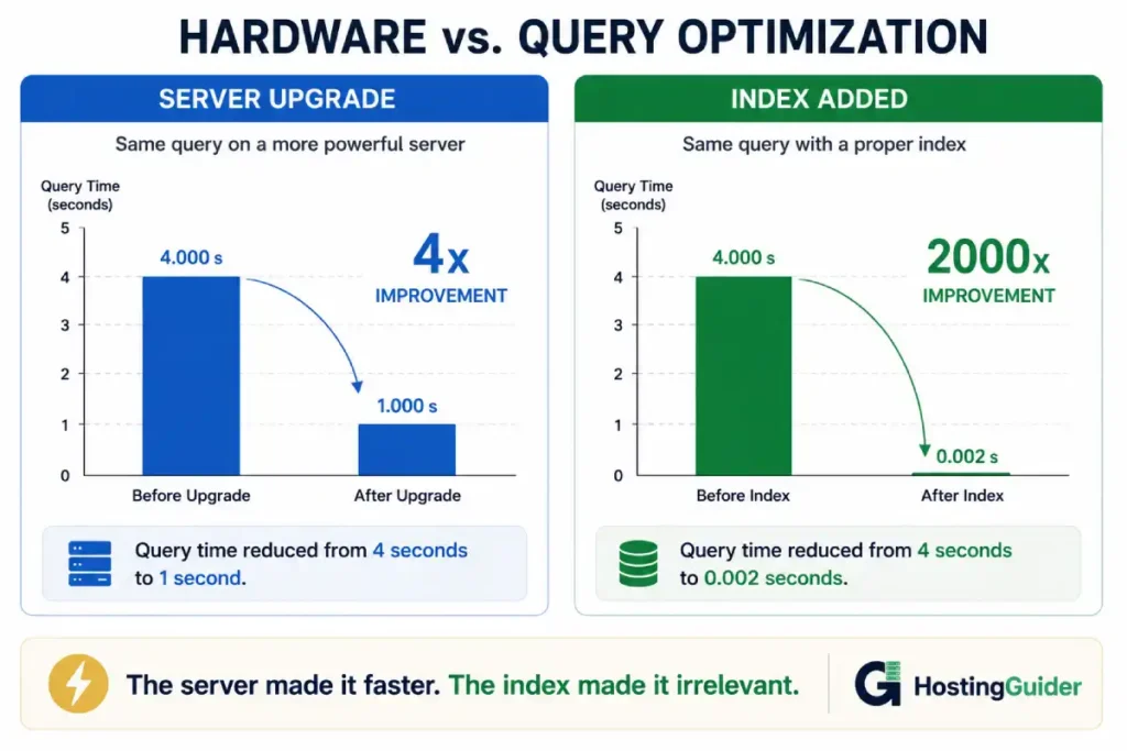 Server upgrade versus database index optimization performance comparison infographic