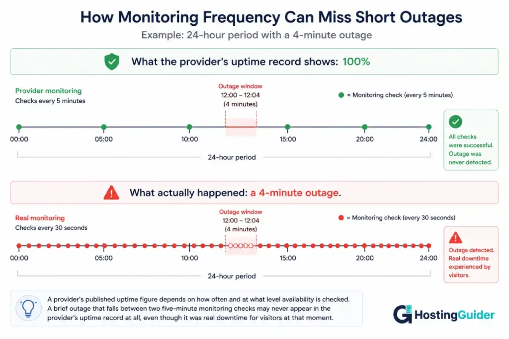 Timeline diagram showing how a 4-minute outage can be missed by 5-minute provider monitoring checks but detected by 30-second monitoring intervals.