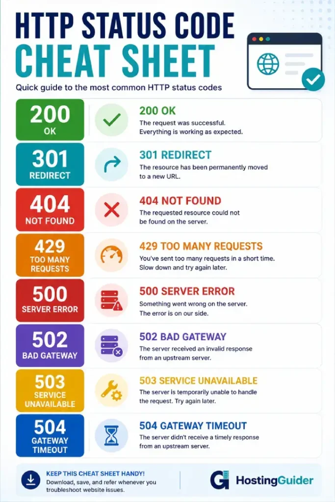 HTTP status code cheat sheet infographic showing 200 OK, 301 Redirect, 404 Not Found, 429 Too Many Requests, 500 Internal Server Error, 502 Bad Gateway, 503 Service Unavailable, and 504 Gateway Timeout.