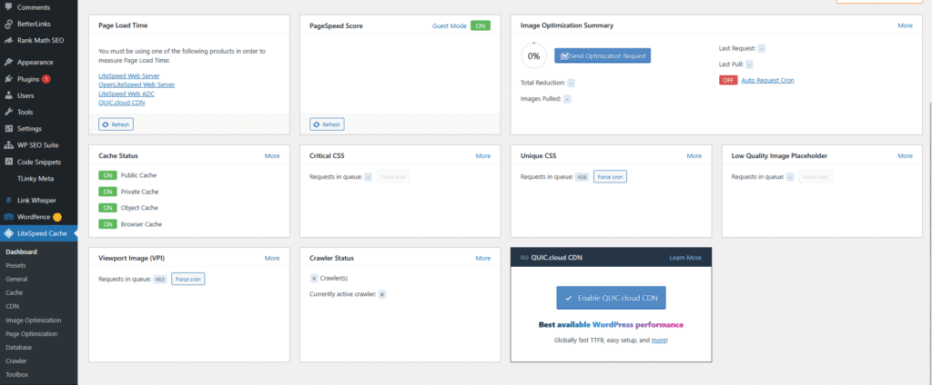 LiteSpeed Cache Plugin Dashboard Overview