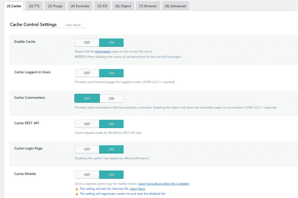 LiteSpeed Plugin Cache Tab