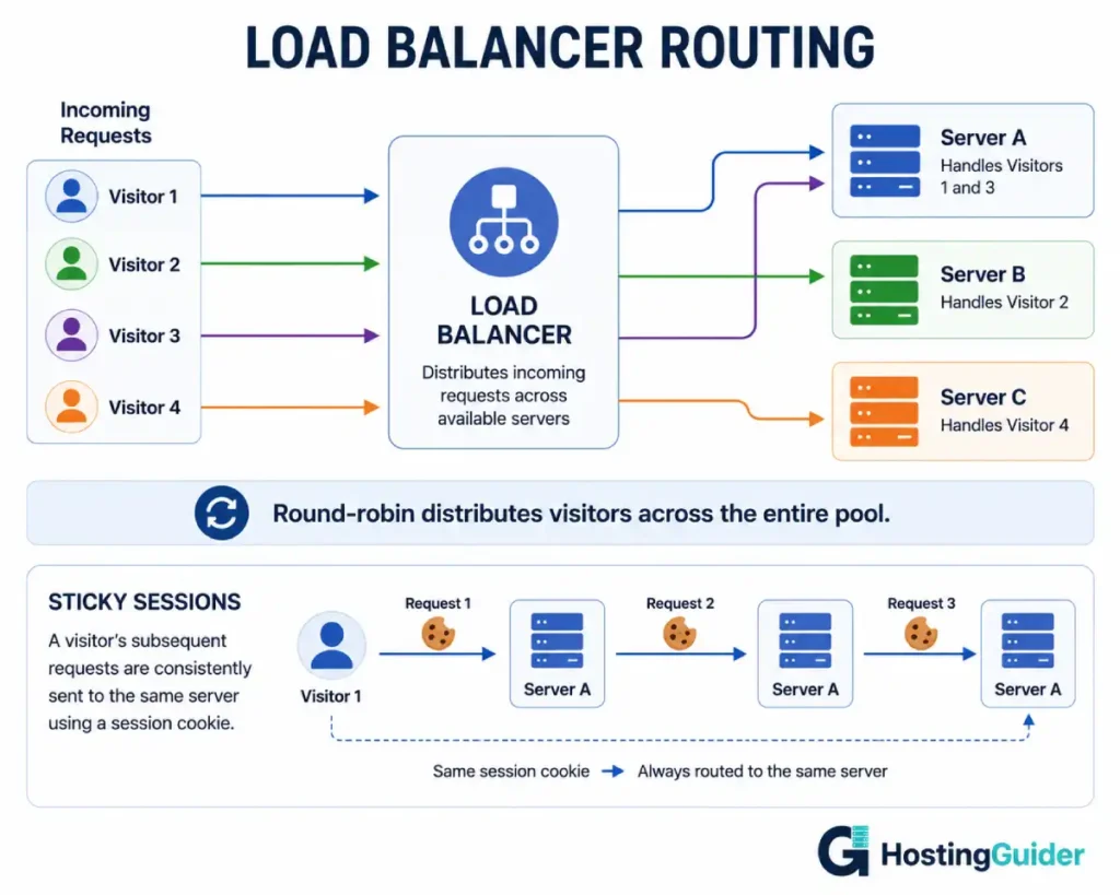 Load balancer routing infographic showing round-robin distribution and sticky sessions