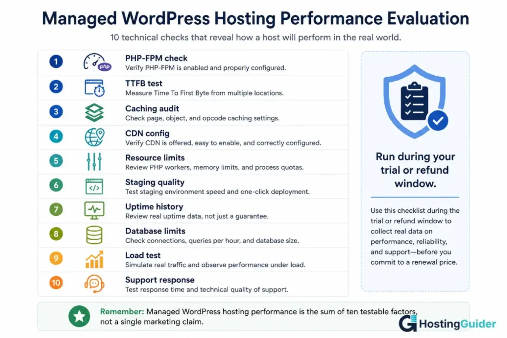 Managed WordPress hosting performance evaluation checklist featuring ten technical checks, including PHP-FPM, TTFB, caching, CDN, resource limits, uptime, load testing, and support quality.