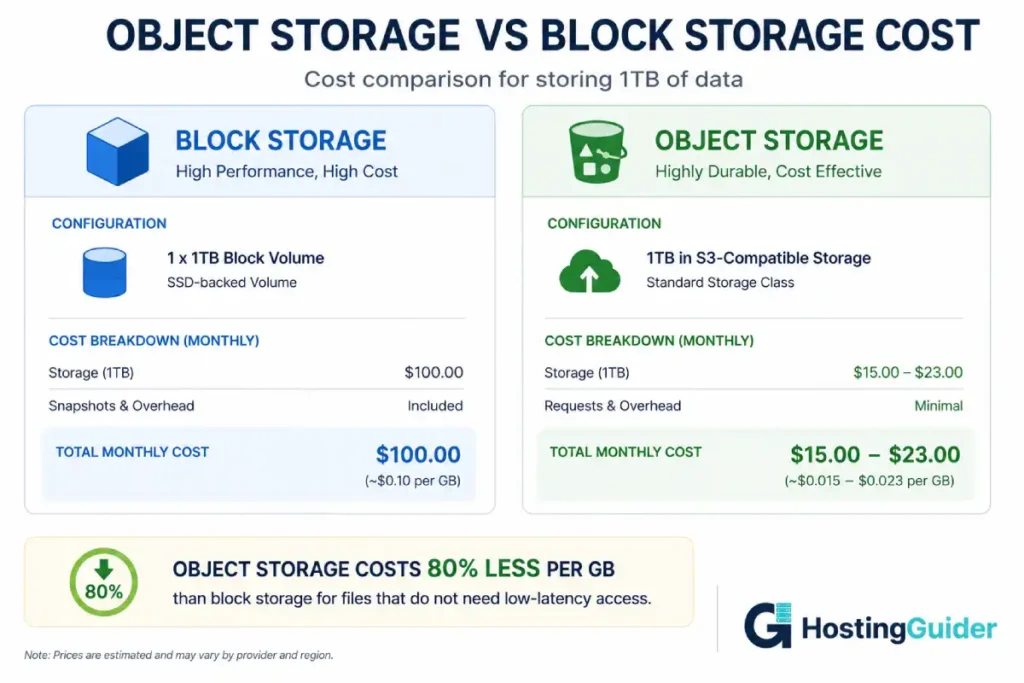 Object storage and block storage cost comparison infographic for 1TB of data