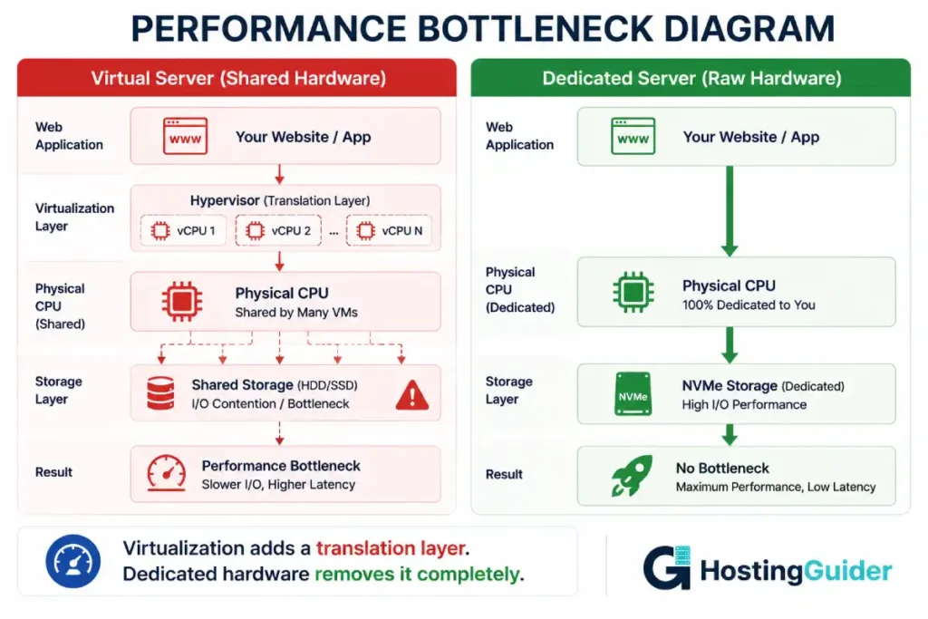 Virtual server versus dedicated server performance bottleneck comparison infographic
