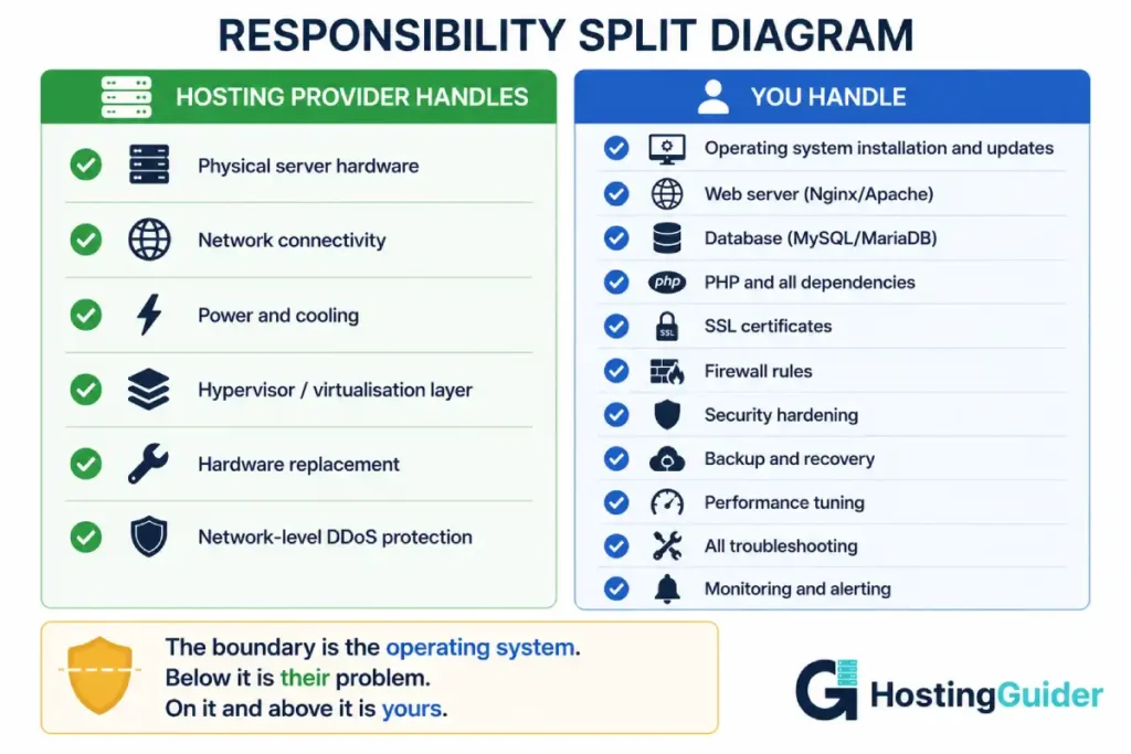 Hosting provider and customer responsibility split checklist infographic