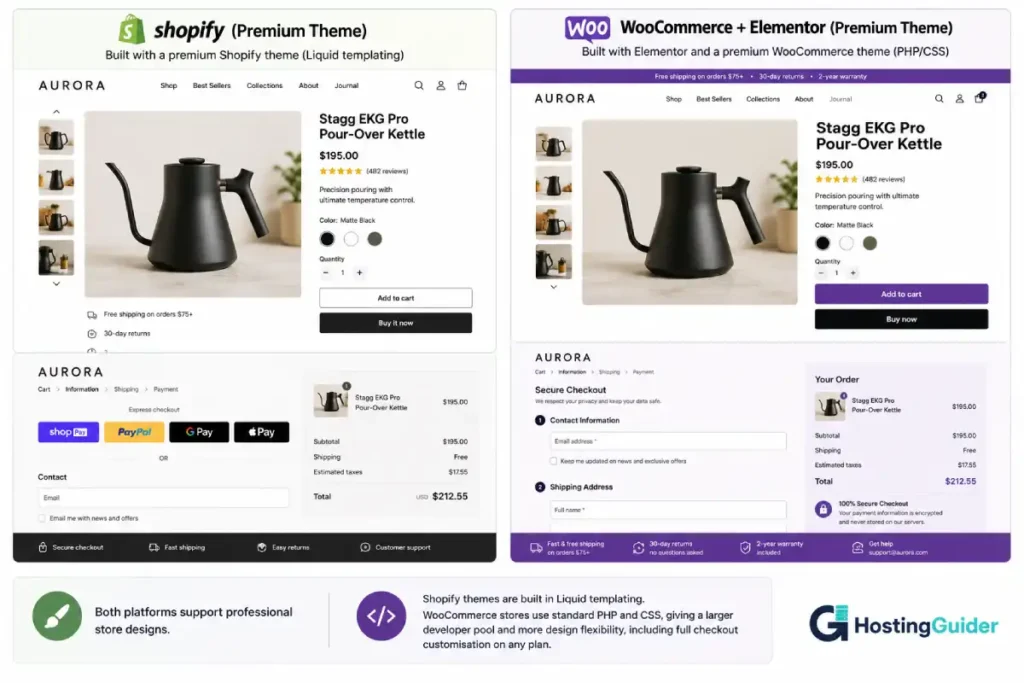 Shopify theme store design vs WooCommerce Elementor design comparison.