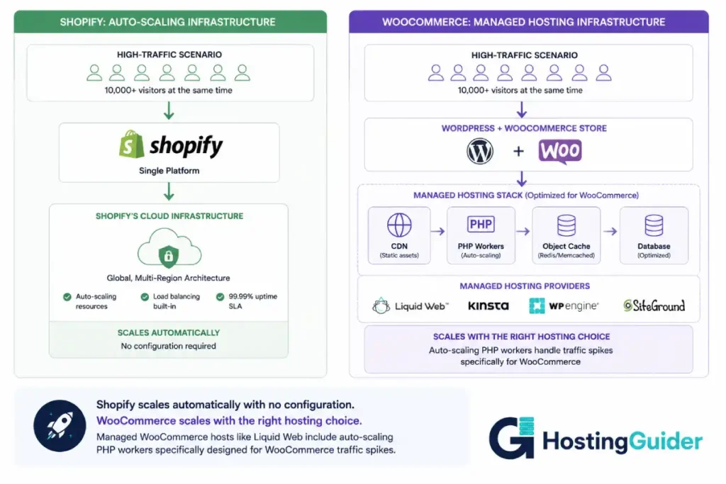 Shopify auto-scaling infrastructure vs WooCommerce managed hosting scaling comparison