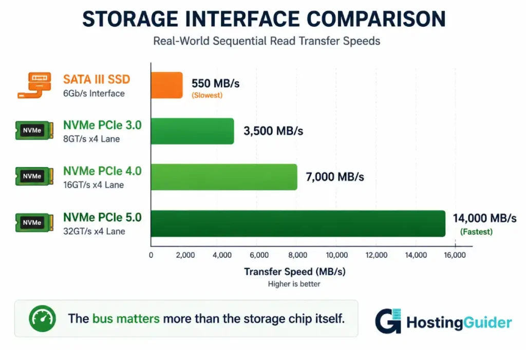 SATA SSD and NVMe PCIe storage interface speed comparison chart