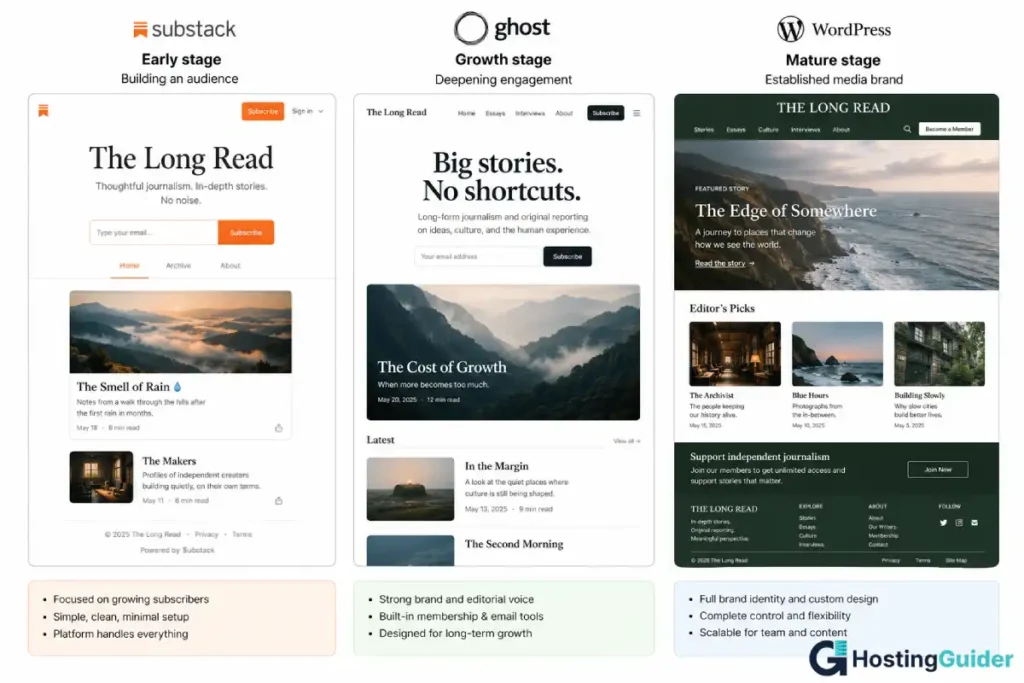 Comparison of publication branding on Substack, Ghost, and WordPress.