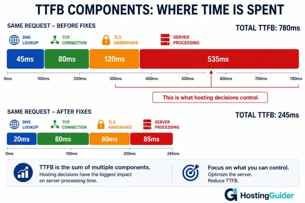 TTFB breakdown infographic showing DNS, TCP, TLS, and server processing components