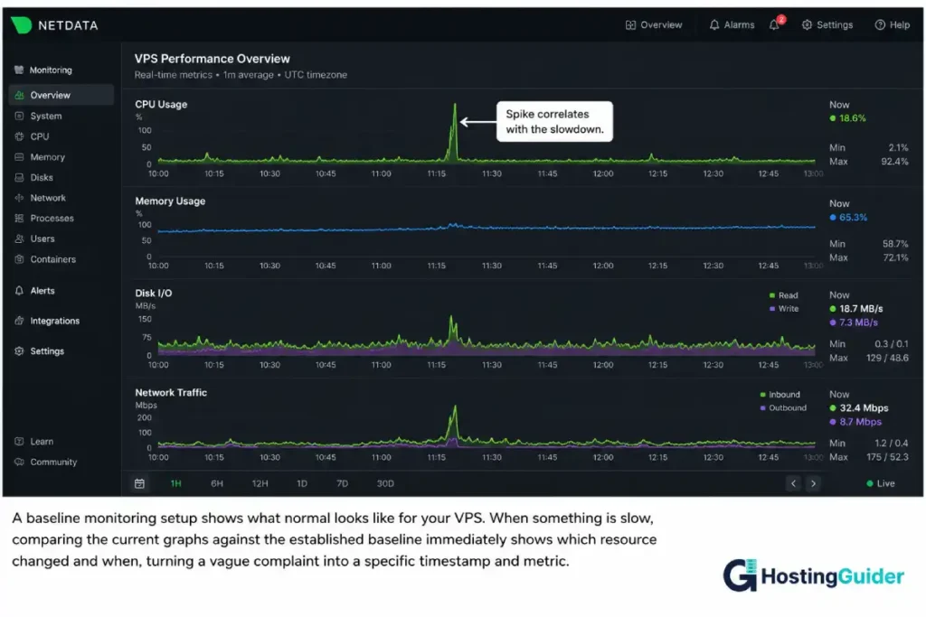 VPS monitoring dashboard showing CPU, memory, disk I/O, and network traffic history with a visible resource spike linked to a slowdown.