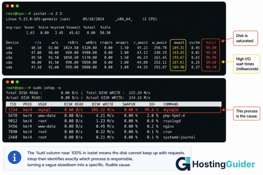 iostat and iotop terminal output showing disk I/O saturation and the process causing it on a slow VPS.