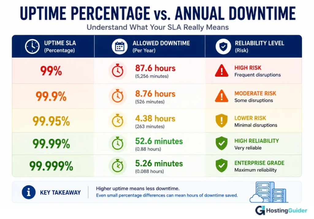 Web hosting uptime SLA vs annual downtime in hours