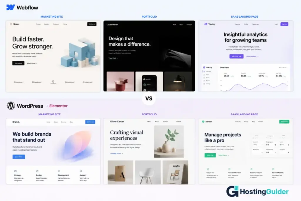 Comparison of Webflow-built websites and WordPress Elementor websites for marketing, portfolio, and SaaS projects.