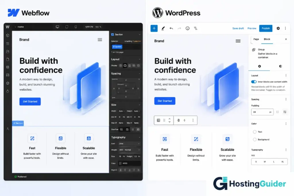 Webflow Designer and WordPress Block Editor side-by-side comparison.