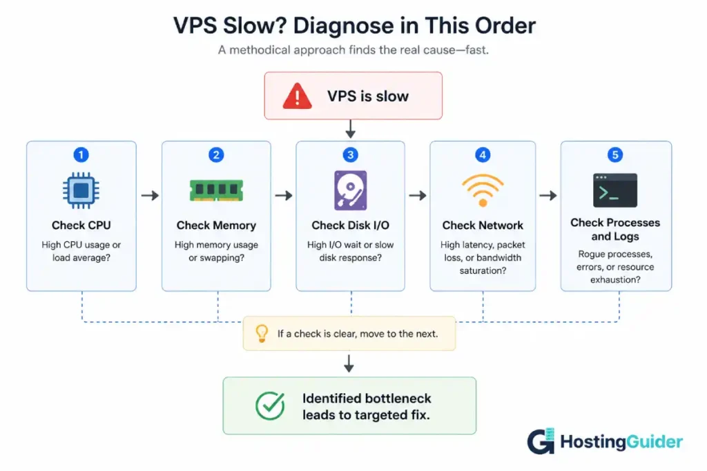 When your VPS is slow diagnosis flowchart showing CPU, memory, disk I/O, network, and process checks in order.
