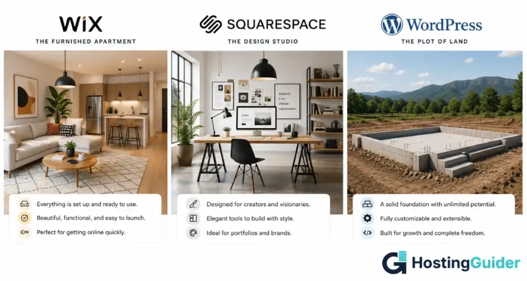 Furnished apartment, design studio, and foundation plot representing Wix, Squarespace, and WordPress.
