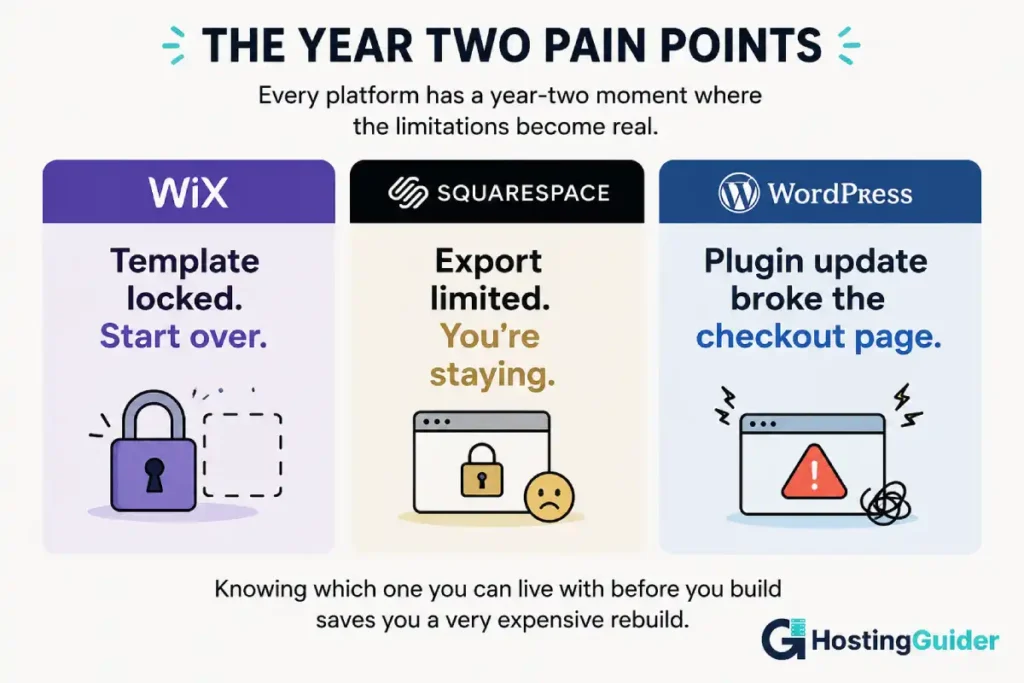 Three comparison cards showing common year-two frustrations: Wix template lock-in, Squarespace export limitations, and WordPress plugin update conflicts, with HostingGuider branding.