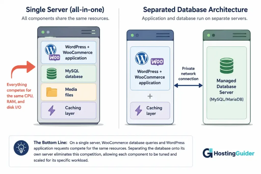WooCommerce managed WordPress database server separation showing a single-server setup compared to a dedicated database architecture with a private network connection.
