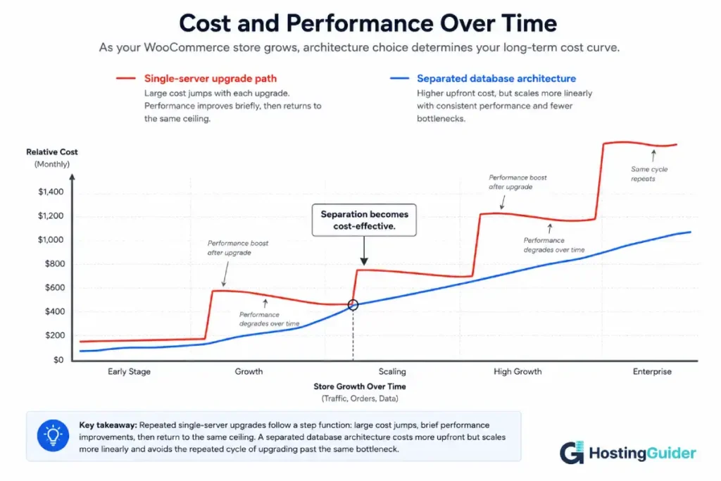 WooCommerce managed WordPress database server separation cost and performance compared to single server upgrades over time.
