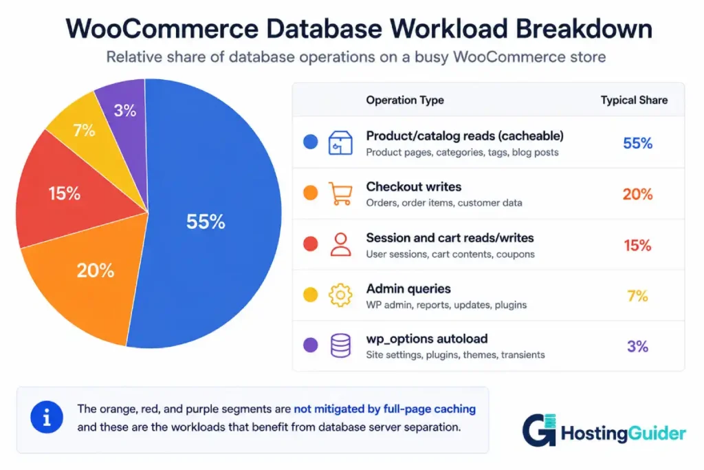 WooCommerce database workload breakdown showing which operations benefit from database server separation.