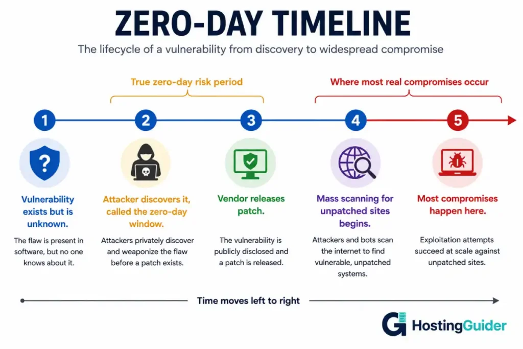 Zero-day vulnerability timeline infographic showing discovery, patching, and exploitation stages