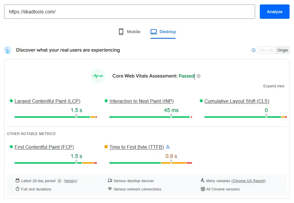 PageSpeed Insights Core Web Vitals report for TikAdTools