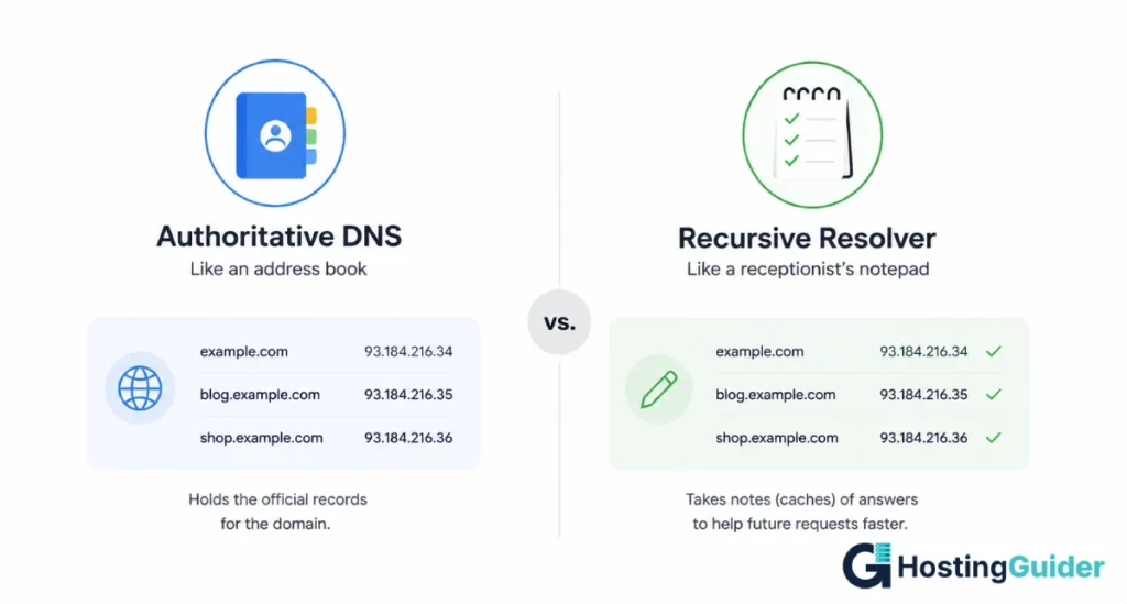 Authoritative DNS vs recursive resolver address book analogy