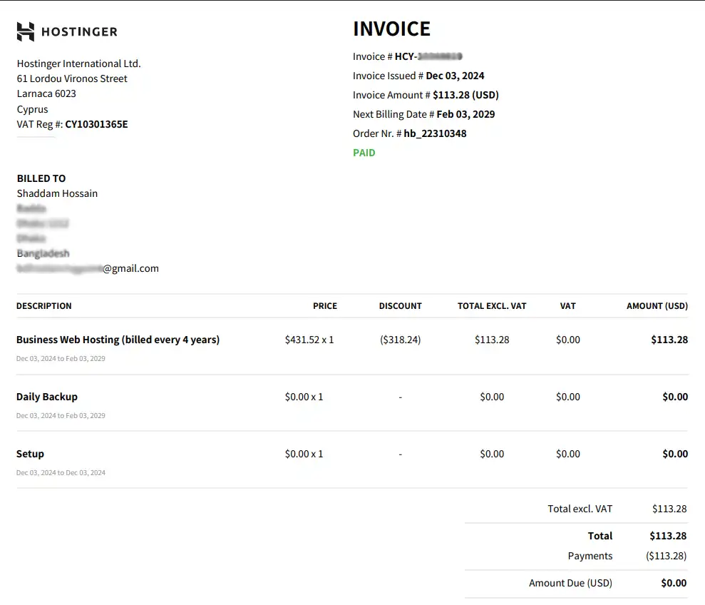 Hostinger Business Web Hosting Purchase Invoice