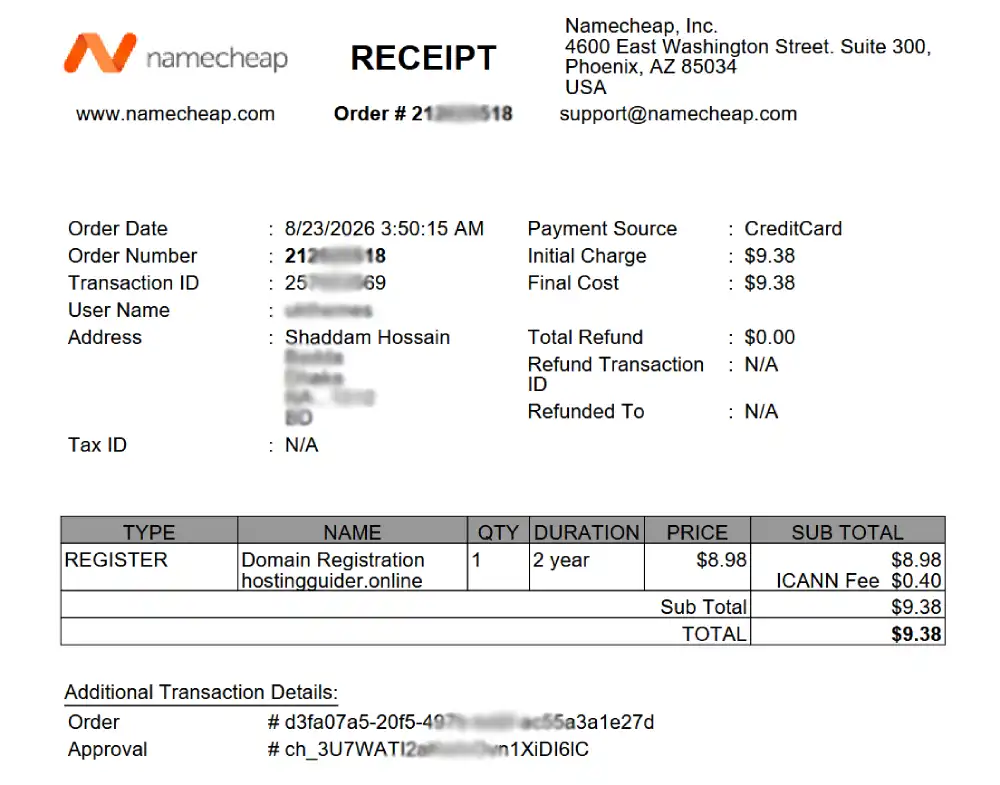 HostingGuider Test Domain Purchase Evidence