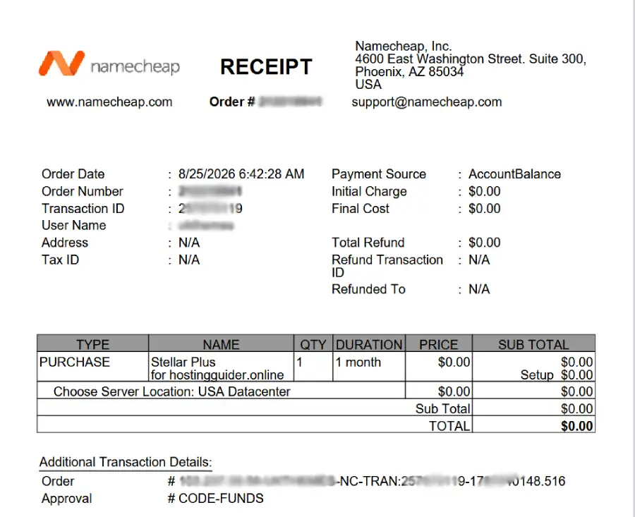 Namecheap Invoice