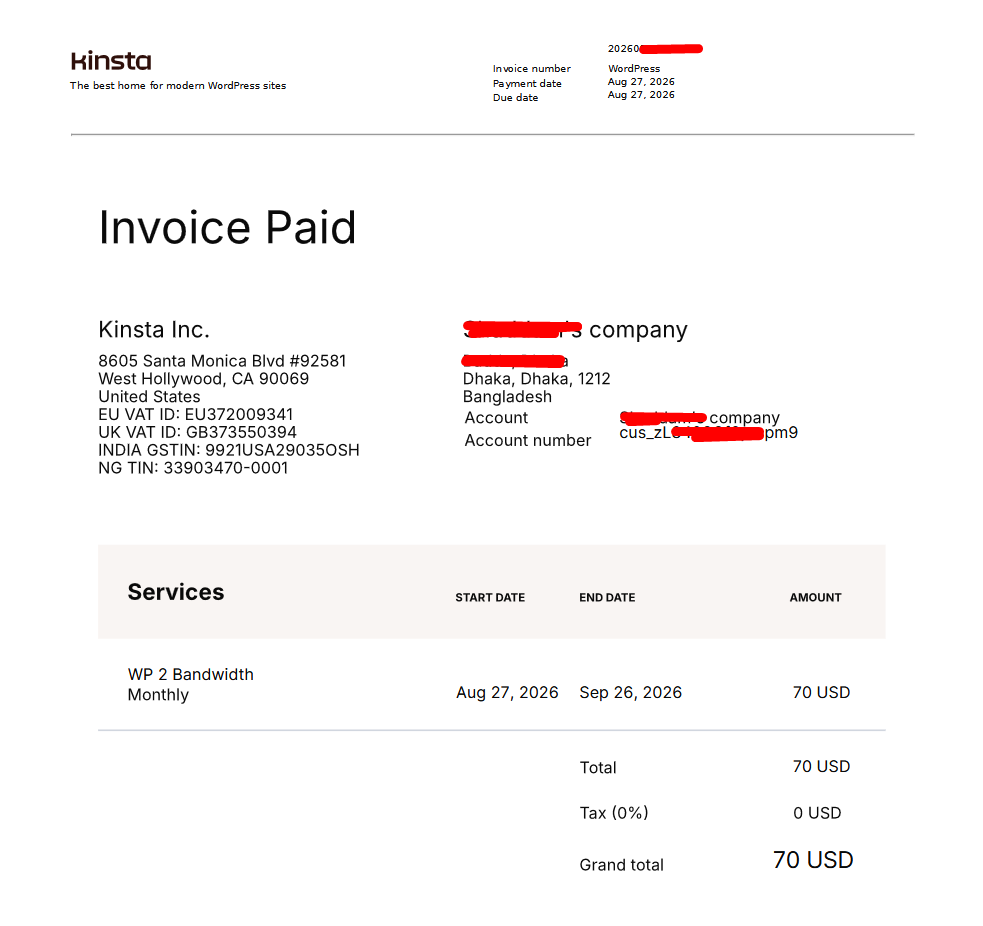 Kinsta hosting purchase invoice