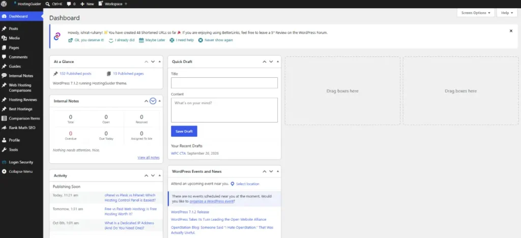 WordPress dashboard